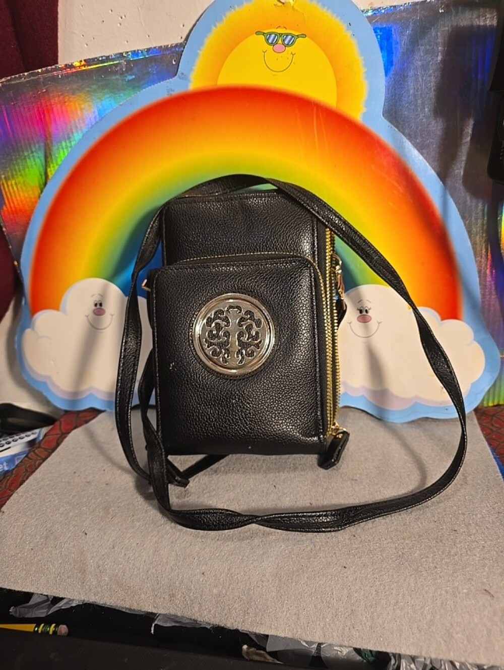 062926 Black w Gold-Tone Detail Crossbody Purse Zip Around w Adjustable Strap# s